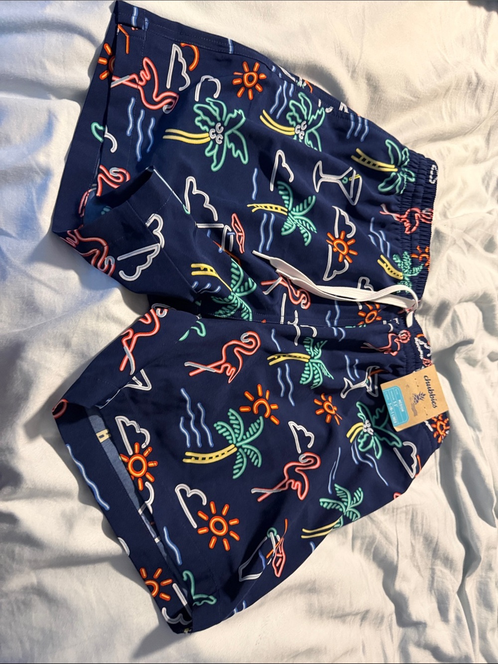 chubbies Navy Swim Trunks with Neon Palm & Cocktail Prints